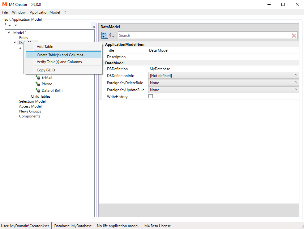 Create table and fields on database