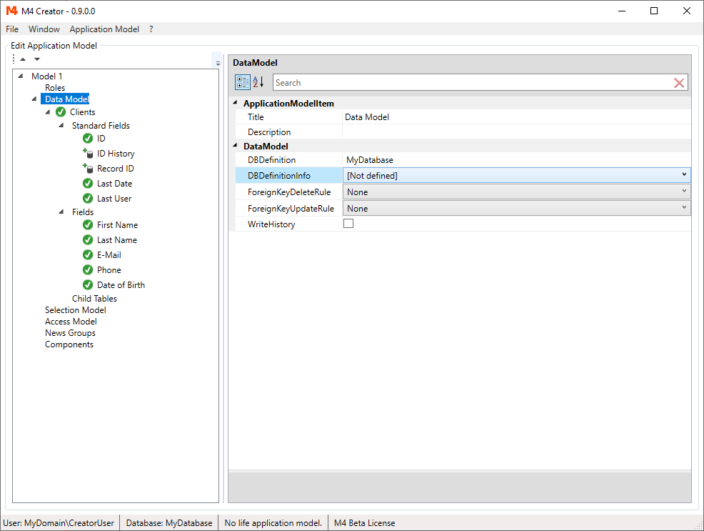 Table and fields on database created