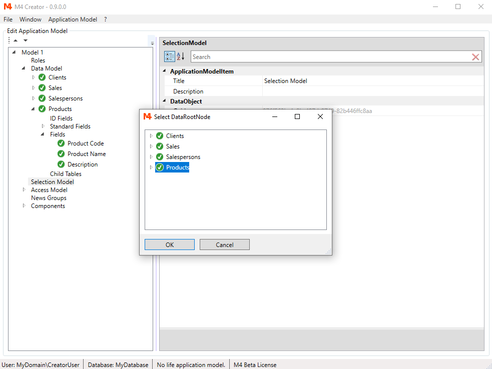 Add product table to selection model