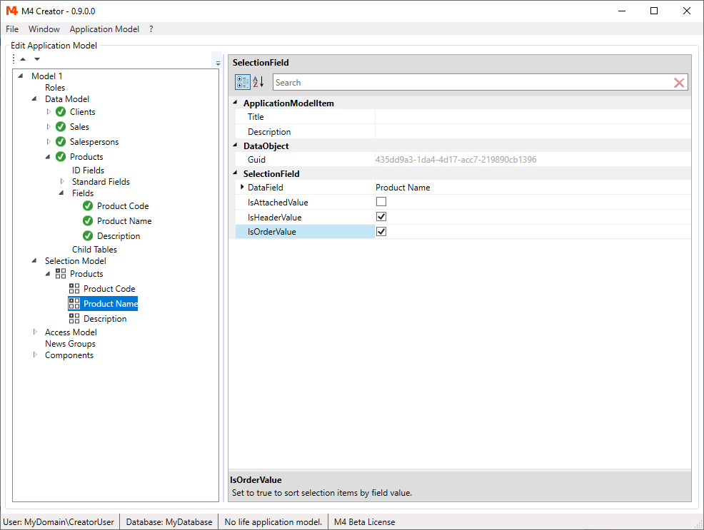 Set product selection list field properties